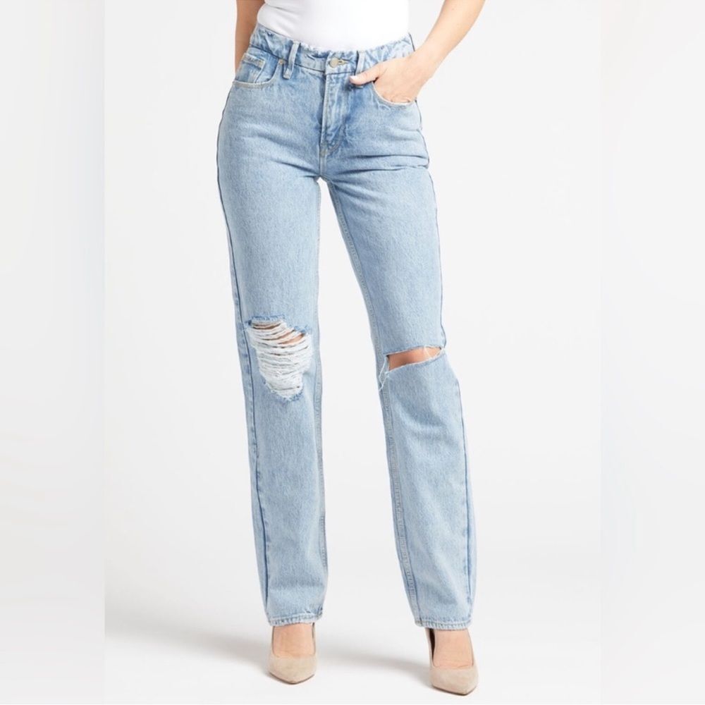 Good American Straight Leg Distressed Light Blue Jeans